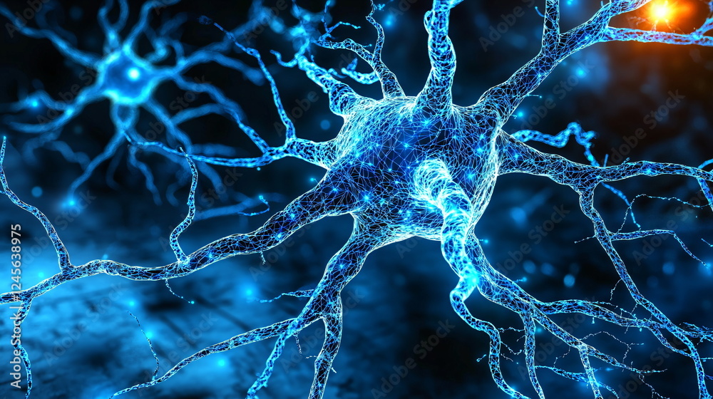 Neural networks in vibrant blue hues with glowing connections and intricate structures resembling advanced digital technology and biological neurons highlighted against a dark background. Neural networks in vibrant blue hues with glowing connections and intricate structures resembling advanced digital technology and biological neurons highlighted against a dark background.