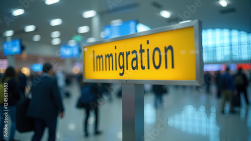 Navigating international borders, A bustling airport immigration area, diverse travelers standing in line with passports in hand, overhead yellow signage directing passengers photo