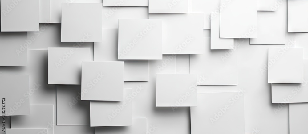 White sticky notes arranged in a layered pattern on a bright white background creating a clean and modern canvas for reminders and organization White sticky notes arranged in a layered pattern on a bright white background creating a clean and modern canvas for reminders and organization