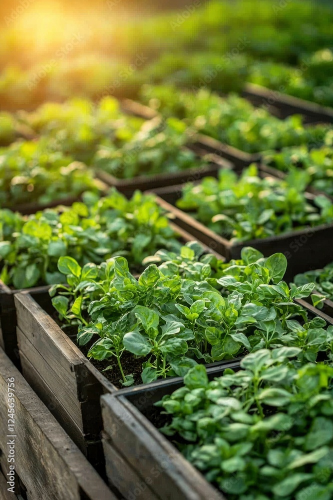 Lush Green Plants Growing in Wooden Planters