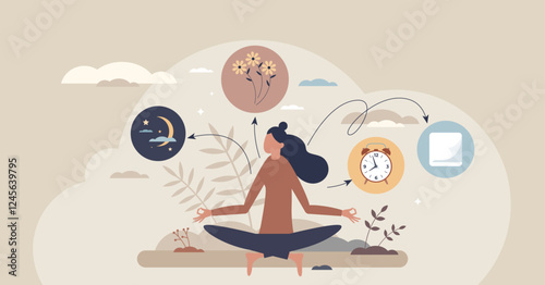 Sleep rituals focus on meditation and relaxation with elements like plants and clocks. Tiny style.