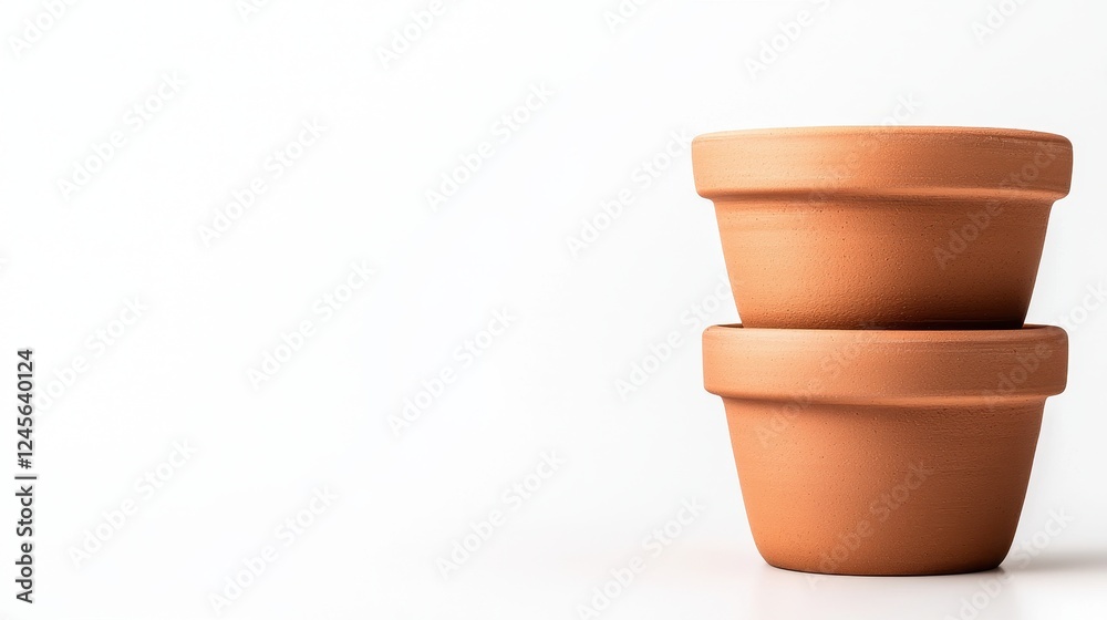 Two stacked terracotta pots on a clean surface, perfect for gardening enthusiasts or home decor inspiration. Two stacked terracotta pots on a clean surface, perfect for gardening enthusiasts or home decor inspiration.