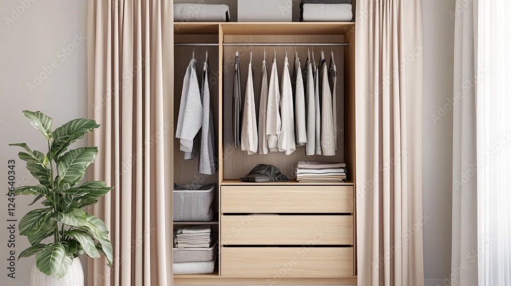 A simple, organized closet with minimal yet stylish clothing items.