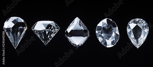 Classic diamond cuts arranged in a row on a sleek black background showcasing their brilliance and luxury with clear, glistening surfaces.