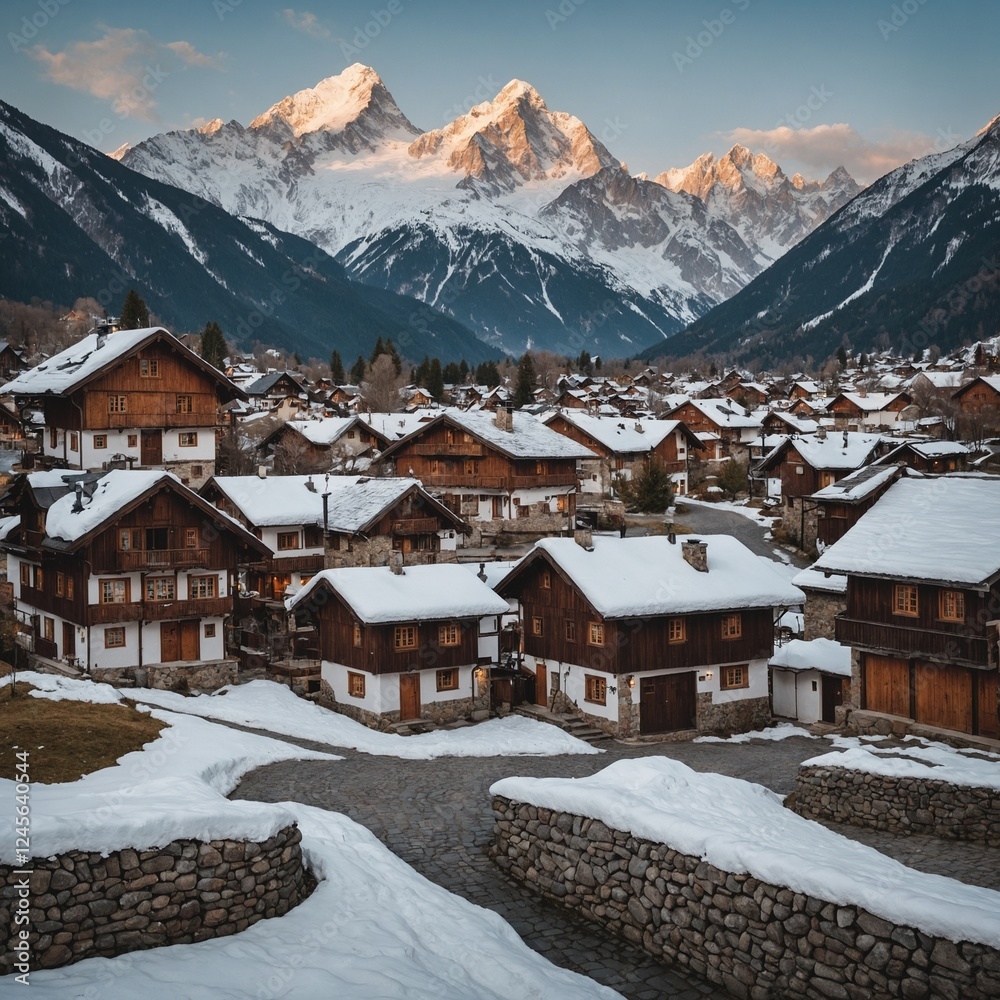 Fototapeta premium A peaceful alpine village nestled at the foot of snow-capped mountains, with quaint cottages and winding cobblestone streets.