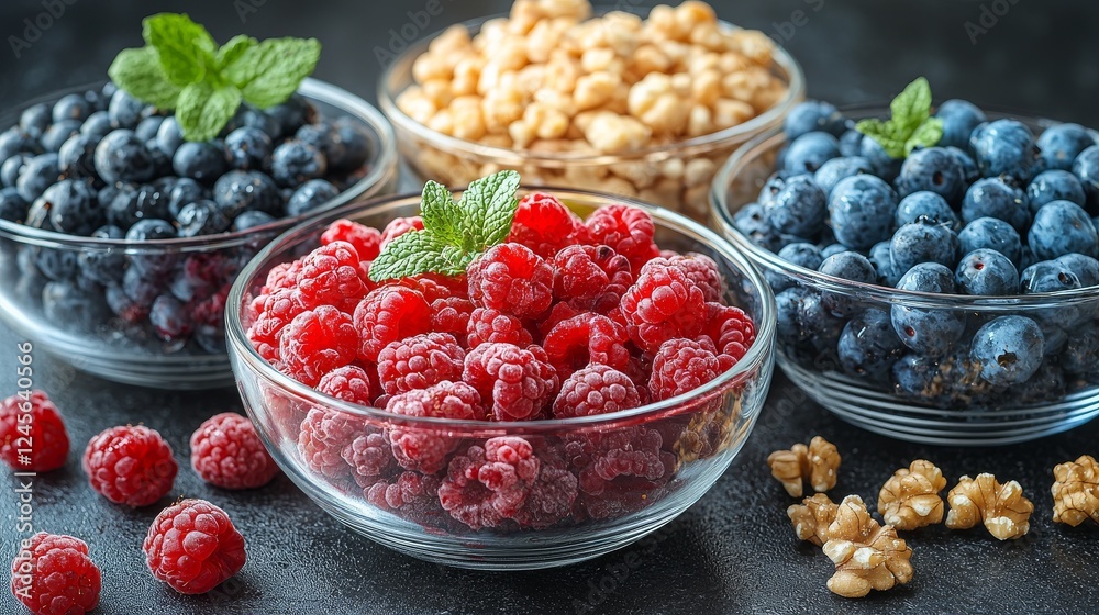Bright close-up of fresh berries and nuts in kitchen photography Bright close-up of fresh berries and nuts in kitchen photography