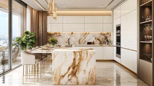 A luxurious marble kitchen in a modern home, featuring white cabinetry and a minimalist design, with elegant gold decorations.