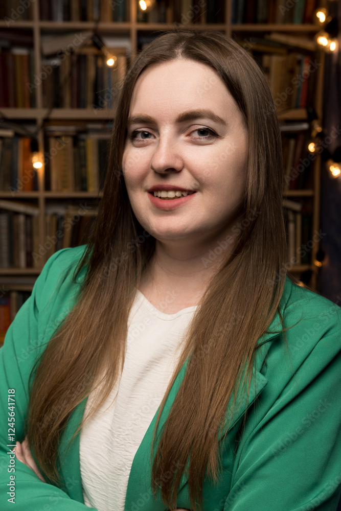 custom made wallpaper toronto digitalA professional woman wearing a green jacket poses with crossed arms against a backdrop of a well-stocked bookshelf and decorative string lights, suggesting a scholarly and inviting environment.
