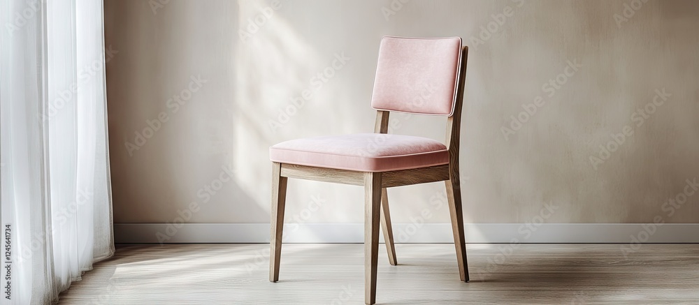 Elegant dining chair with a light wooden frame and soft pink cushions positioned by a window, illuminating warm tones and contemporary design elements. Elegant dining chair with a light wooden frame and soft pink cushions positioned by a window, illuminating warm tones and contemporary design elements.