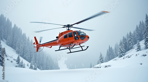 Red helicopter navigating snowy mountain terrain in winter.