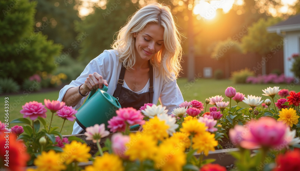 A mother tending to her garden at sunset, watering colorful flowers and enjoying a peaceful Mother’s Day. A mother tending to her garden at sunset, watering colorful flowers and enjoying a peaceful Mother’s Day.
