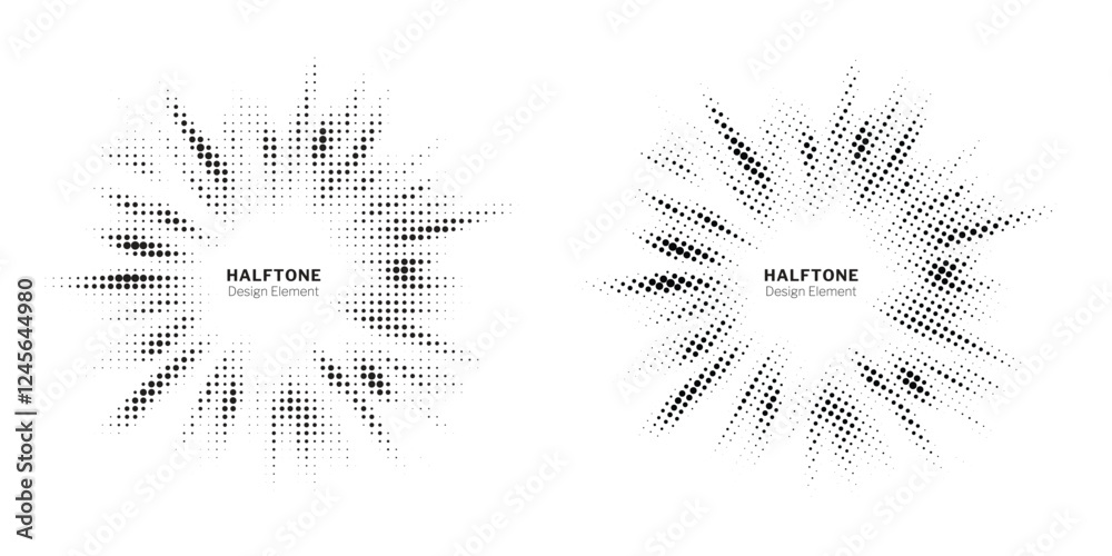 Fototapeta premium Halftone circle frame background set. Round border Icon using halftone random circle. Grunge circular stain. Vector illustration.