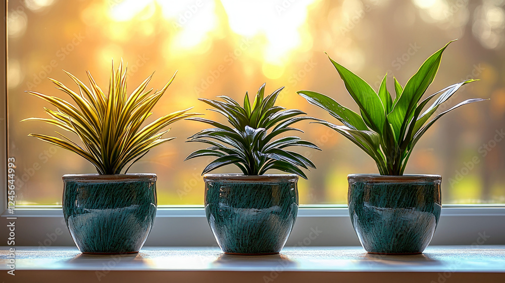 Fototapeta premium Three potted plants on a windowsill, bathed in sunlight. A serene and peaceful image, perfect for home decor and interior design inspiration.
