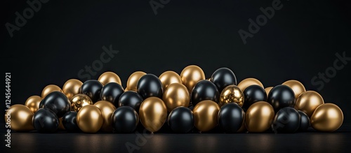 Elegant arrangement of gold and black balloons piled against a dark background ideal for a stylish 70th birthday celebration decor. photo