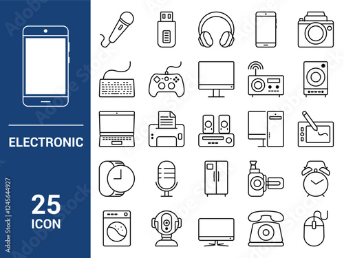 Editable Electronics icons collection. Vector illustrations. Contains Electronic Equipment, mobile phone, microphone, monitor, printer, clock, washing machine, wrist watch, radio, mouse.