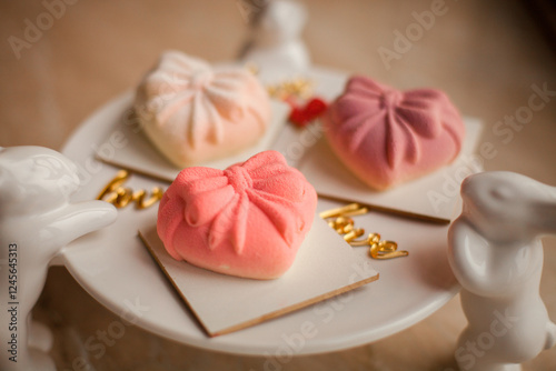 A close-up of a  plate featuring artistic heart-shaped mousse cakes in soft pink hues, decorated with bows. Delicate golden 