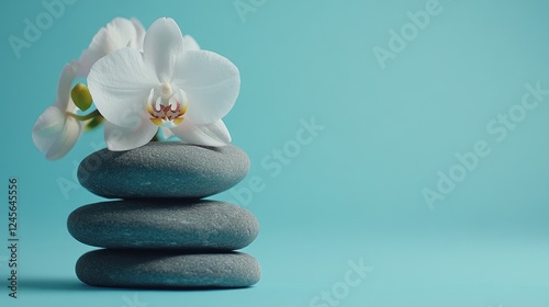 White orchid on grey stones, blue background, spa serenity