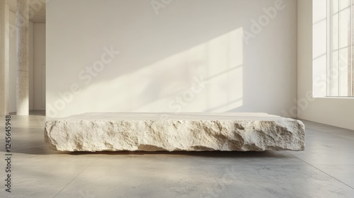 A contemporary stone podium with sharp edges, placed in a sparse room with white walls