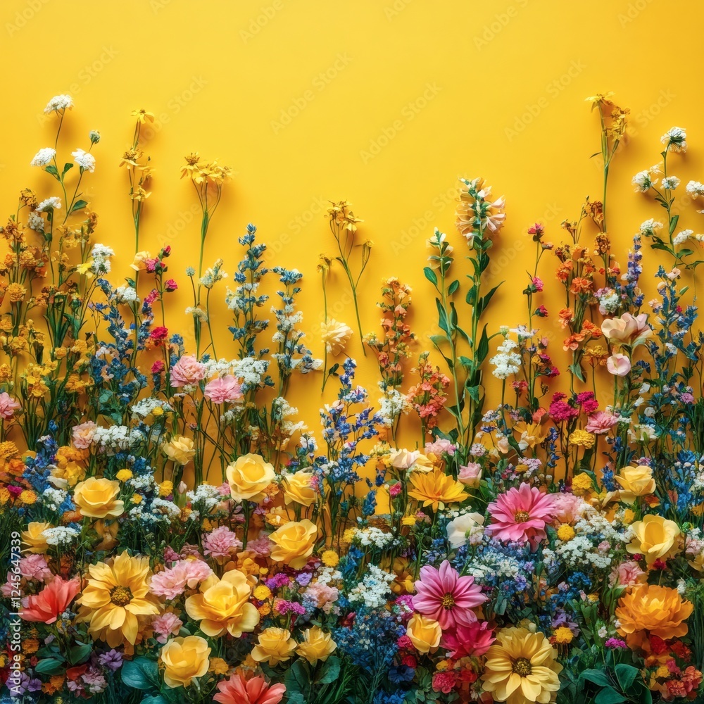 Naklejka premium Realistic photo of a vibrant yellow backdrop with a floral theme The scene features a variety of colorful flowers in full bloom against the bright yellow background