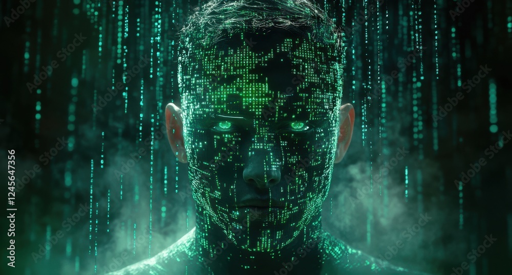 Fototapeta premium Portrait of a person with digital patterns and glowing eyes immersed in an abstract matrix environment, symbolizing technology and innovation