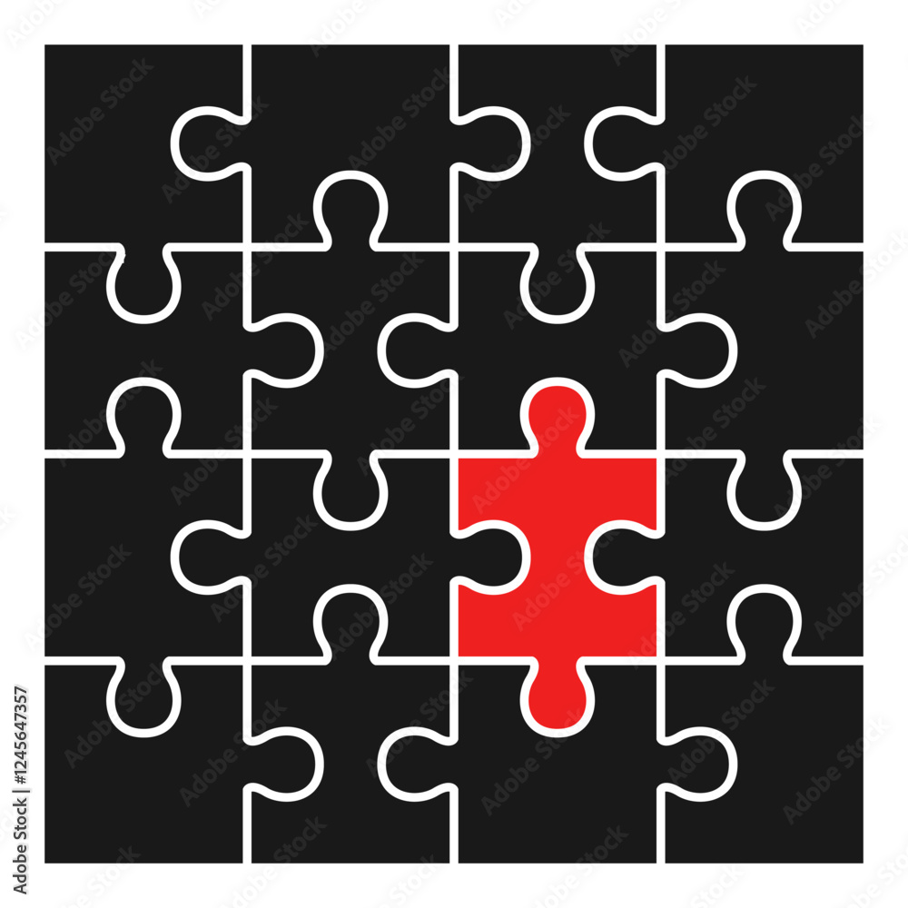 Set of black and red puzzle pieces flat icon vector isolated on white background. Set of black and red puzzle pieces flat icon vector isolated on white background.