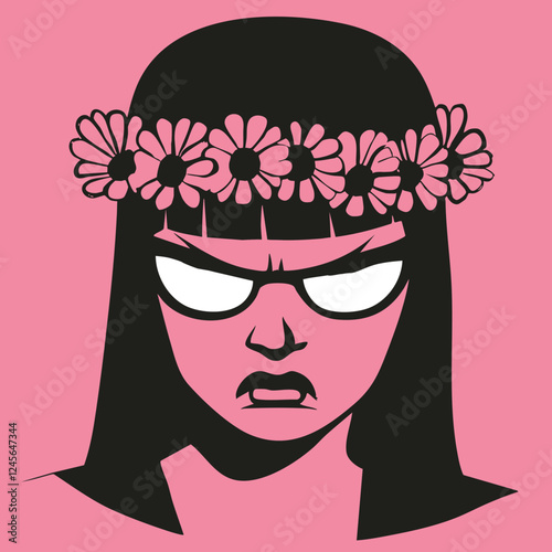 death stare, vacant eyes, evil woman, vector, face, portrait, dark, scary, simple drawing, hand drawn, black ink, pink background, flower girl, evil face