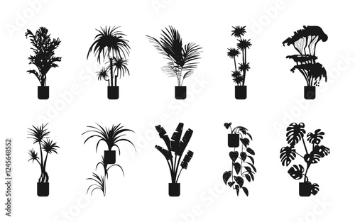 Collection of vector silhouettes of indoor plants. Interior design elements - indoor potted plant for architectural projects of buildings and structures