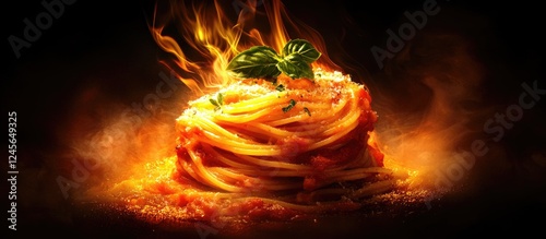 Panel kuchenny z motywem Spaghetti topped with rich tomato sauce garnished with fresh herbs against a dark background with fiery accents creating a visually striking dish