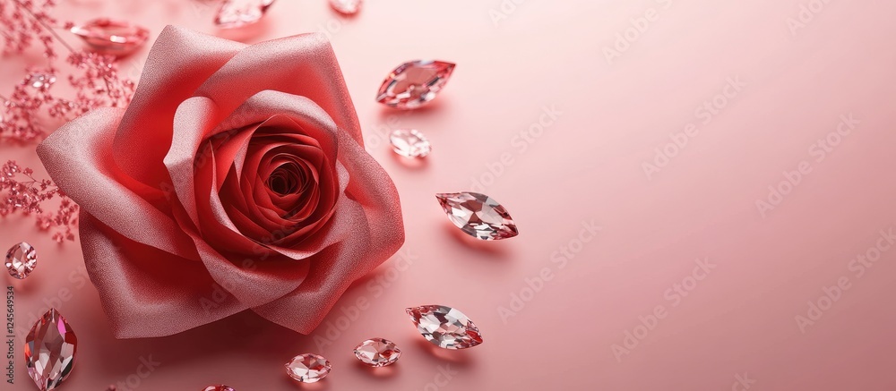 Elegant pink background featuring a red paper rose and sparkling crystals on the right side, ideal for Valentine's Day card design. Elegant pink background featuring a red paper rose and sparkling crystals on the right side, ideal for Valentine's Day card design.