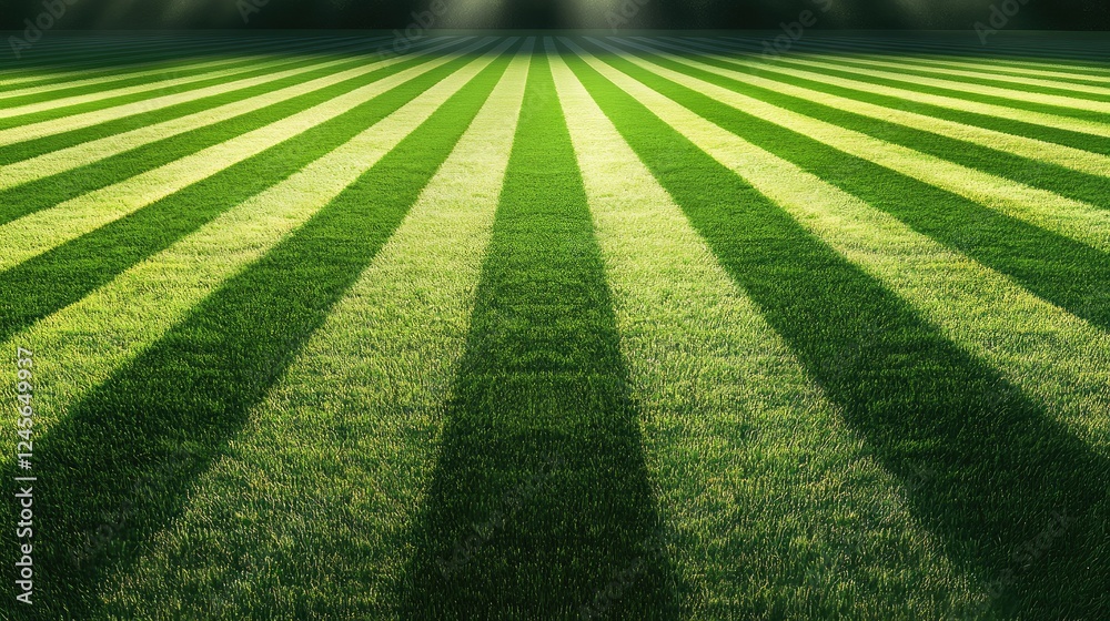 Obraz premium Aerial panorama of grasslands with crisscross mowing lines, glowing under the soft light of a sunny day.