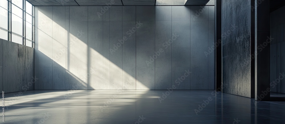 Obraz premium Minimalist industrial warehouse interior with blank gray walls and sunlight casting shadows, creating a serene distraction-free environment.
