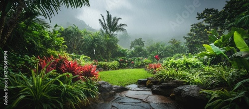 Lush tropical garden with vibrant greenery and colorful plants under dramatic grey rainy skies creates a serene nature scene full of life.