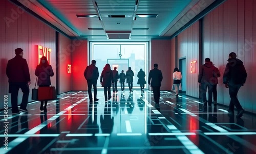 A futuristic emergency evacuation scenario, where illuminated floor pathways and holographic exit signs guide people safely out