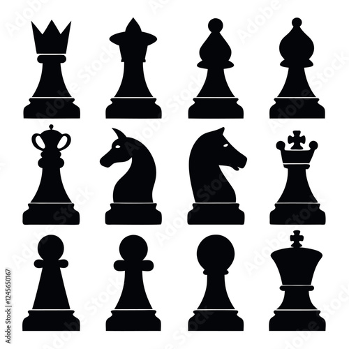 Simple Black and White Chess Pieces Vector Illustration