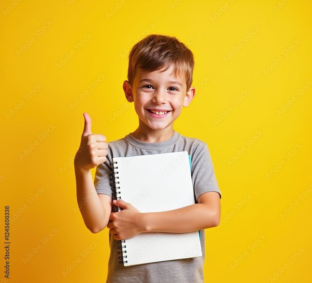 Cute Child Writer Holding Notebook Thumbs Up Light Yellow Background Cute Child Writer Holding Notebook Thumbs Up Light Yellow Background