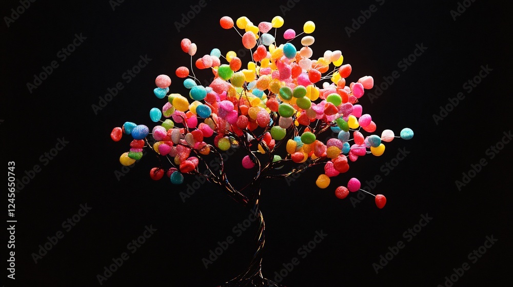 A colorful tree made of balloons, symbolizing joy and celebration. A colorful tree made of balloons, symbolizing joy and celebration.