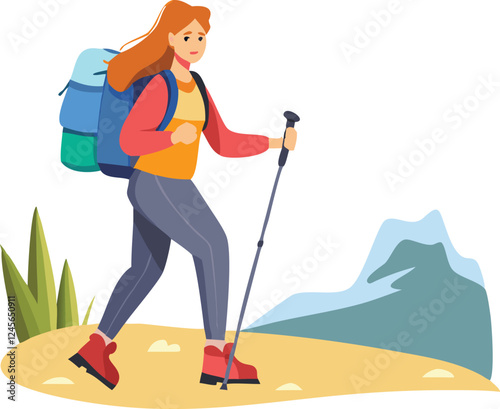 Woman Hiking in Mountains with Trekking Poles