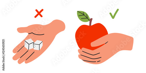 Diabetes composition with icons with apple and sugar doodle human hands vector illustration .Healthy life .No sugar