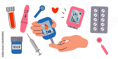 Diabetes management concept set. Collection of people check and monitor blood sugar level with glucometer, insulin pump, glucose monitors. Hands hold various diabetes devices. Vector illustration