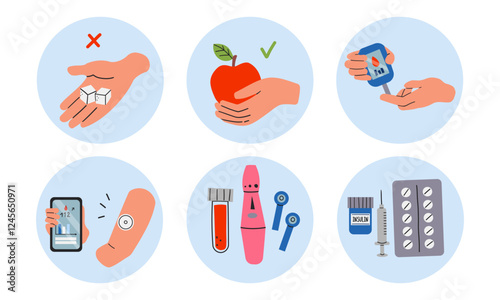 Diabetes management concept stickers set. Collection of people check and monitor blood sugar level with glucometer, insulin pump, glucose monitors. Hands hold various diabetes devices. Vector