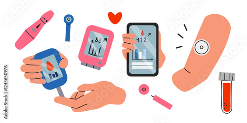 Diabetes management concept set. Collection of people check and monitor blood sugar level with glucometer, insulin pump, glucose monitors. Hands hold various diabetes devices. Vector illustration