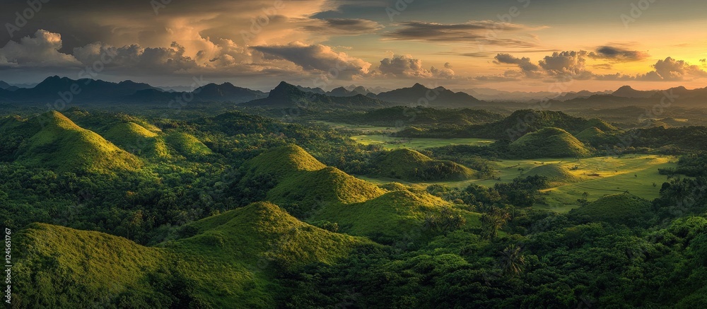 Vibrant evening sunset over lush green hills with panoramic mountains in the background and open countryside creating ample space for text. Vibrant evening sunset over lush green hills with panoramic mountains in the background and open countryside creating ample space for text.