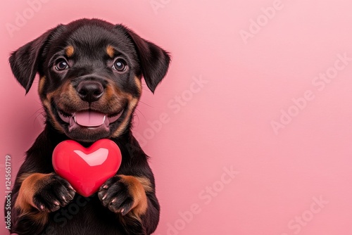 Rottweiler - my treasured dog. Ad creative. Cute rottweiler canine with diamond red heart - sign of love, funny greeting card. Valentine's themed pet pictures. Cute pets valentine photos. photo