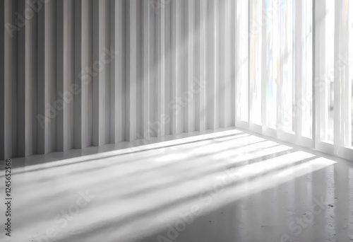Light Filters Through Vertical Slats in a Minimalist Space at Dawn. Generative AI