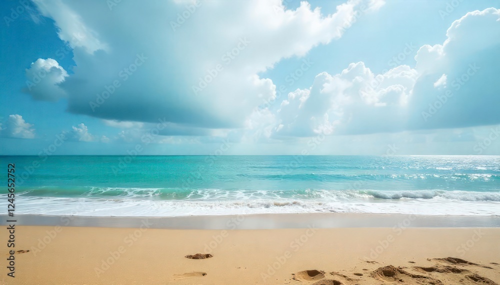 Serene Beach Scene Sunny Sky Ocean Waves Sand Serene Beach Scene Sunny Sky Ocean Waves Sand
