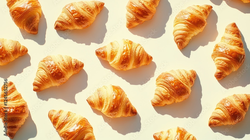 An artistic arrangement of croissants, some whole and others cut in half, displaying the rich layers and golden color against a clean white backdrop.