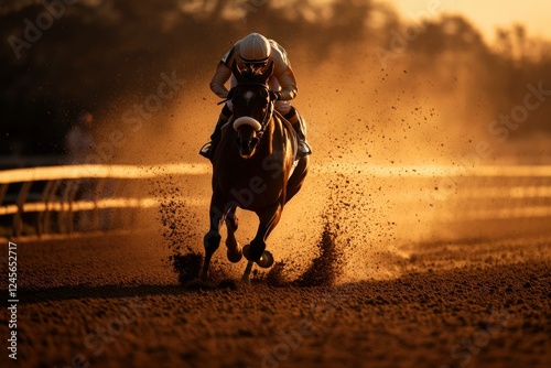 Jockey and Horse Racing at Sunset