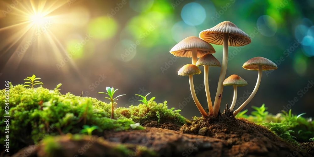 Fototapeta premium Sunlit Cluster of Mushrooms Emerging from Mossy Ground in a Forest Setting
