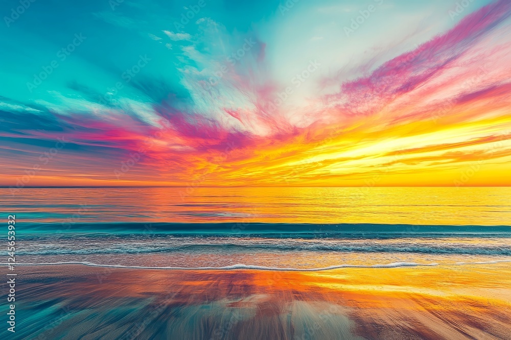Vibrant sunset over the ocean with colorful clouds reflecting on calm waters and an empty beach, showcasing a breathtaking natural display of colors and light. Vibrant sunset over the ocean with colorful clouds reflecting on calm waters and an empty beach, showcasing a breathtaking natural display of colors and light.