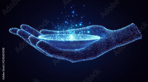Glowing polygonal hand holding a bowl of light.